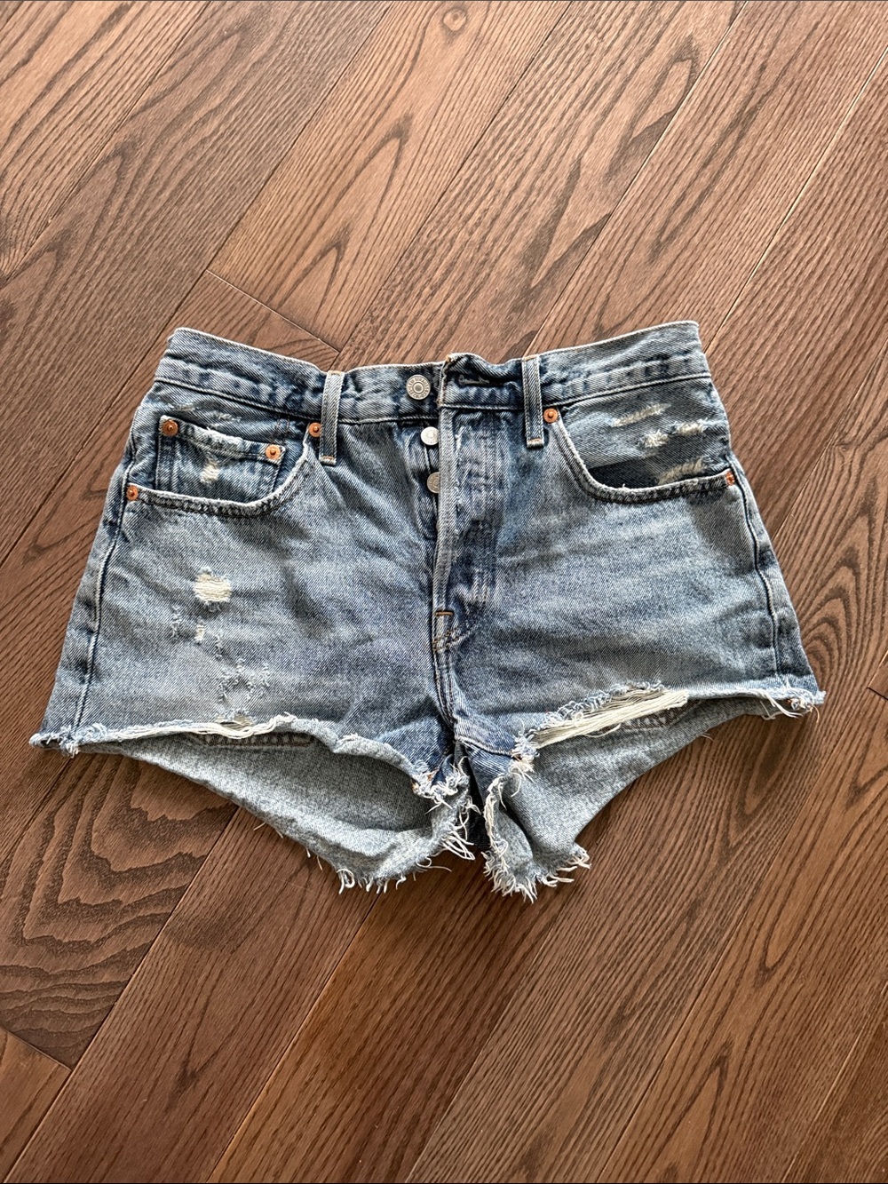 Levi's Distressed Light Blue High-Rise Denim Shorts